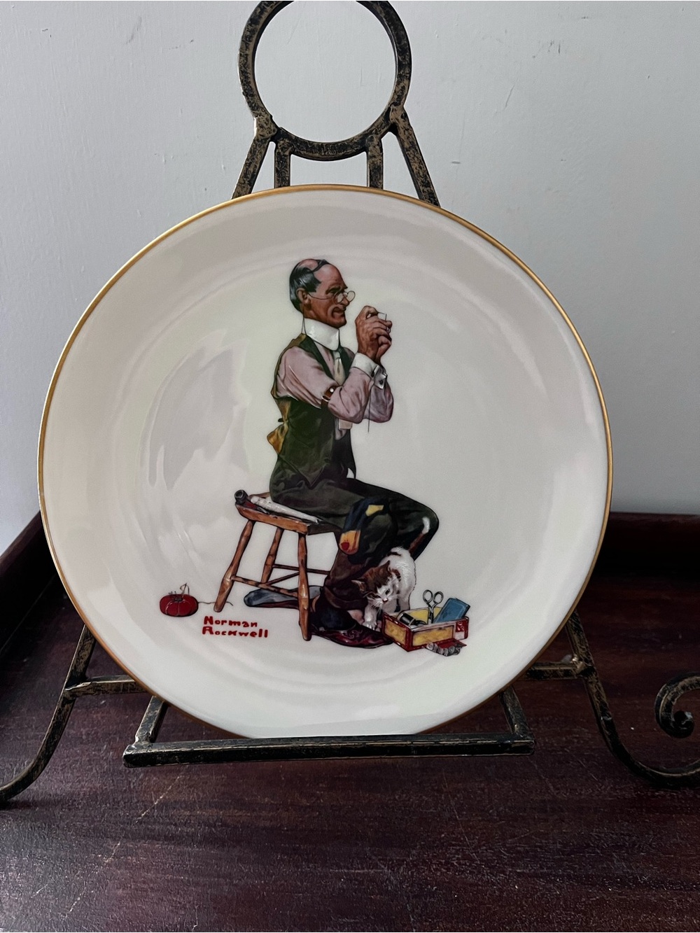 Norman Rockwell Decorative Plate with Gold Rim - Man Threading a Needle